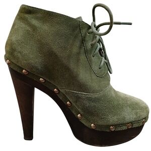 VTG COLIN STUART Green Suede Lace‎ Up Studded Platform Heel Booties Women's 7.5